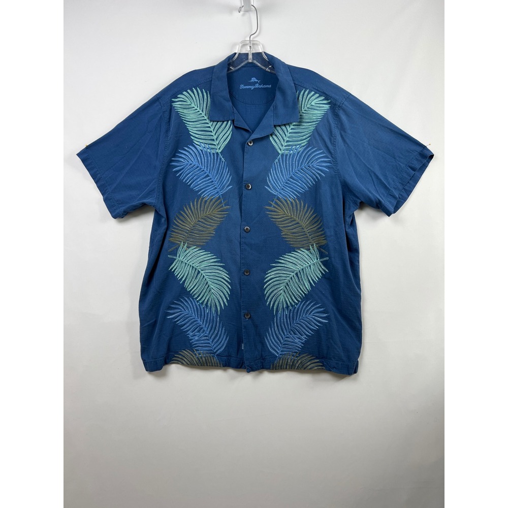 Tommy Bahama Silk Button Front Shirt Mens XL Blue Embroidered Palm Leaf